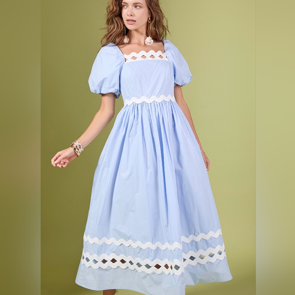 English Factory Scallop-Trim Cotton Midi Dress Sz L Blue Ecru Trim Nwt - Picture 9 of 16